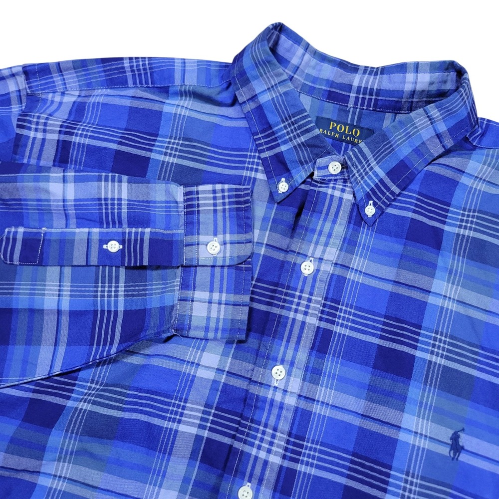 Polo Ralph Lauren Button Down Shirt Mens 3XLT Blue Plaid Cotton Long Sleeve Prep